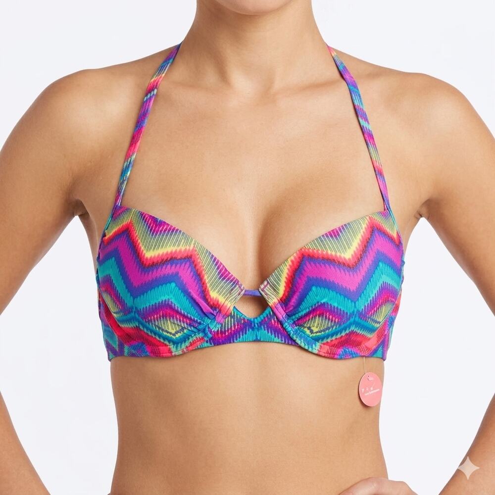 NWT Xhilaration XS Bikini Top Halter Underwire Push Up Keyhole Zigzag MultiPrint